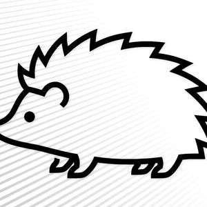 以下が含まれることがあります： ハリネズミの白黒グラフィックイラスト。太い黒の輪郭線で描かれたハリネズミの横顔で、トゲのある丸みを帯びた体、小さな鼻、丸い目、4本の短い足が白い背景に描かれています。