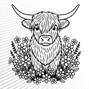 Op de afbeelding: Zwart-wit illustratie van een Schotse Hooglander met lange hoorns en ruige vacht, omringd door bloemen. De gedetailleerde lijntekening toont de koe in het midden, omringd door bloemen en bladeren.