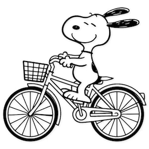 May include: Black and white illustration of Snoopy riding a bicycle. The bicycle has a basket on the front and a classic design. Snoopy is smiling and appears to be enjoying the ride. The image is a cartoon style.