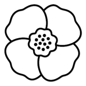 May include: A black and white line drawing of a flower. The flower has five rounded petals with a thick black outline. The center of the flower is a smaller, circular shape with a black outline and small black dots.