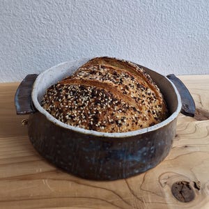Handmade Bread Baking Pot with Handles: Rustic Blue Brown Stoneware