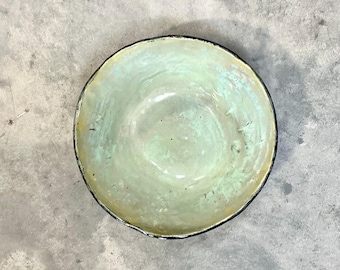 Handmade Ceramic Green Serving Bowl Rustic Wabi-Sabi Artsy Design for Boho or Farm House.