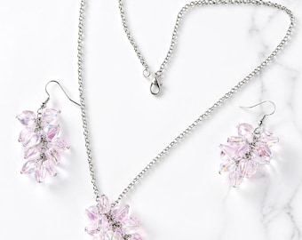 Handmade Pink Crystal Heart Necklace Earrings Set, Dainty Romantic Jewelry