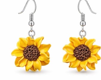 Handmade Sunflower Jewelry Set – Polymer Clay Necklace and Earrings, Dainty Yellow Floral Set with Silver Chain, Boho Nature Gift for Her