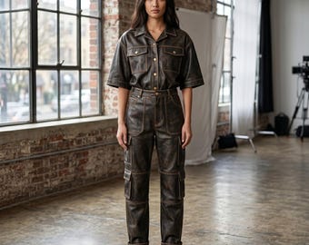 Handmade Women's Distressed Brown Leather Shirt and Cargo Pants Two-Piece Outfit