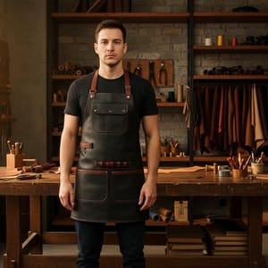 Könnte beinhalten: Eine schwarze Lederschürze mit braunen Lederriemen, einer Brusttasche mit Klappe und zwei großen unteren Taschen. Die Schürze verfügt über eine kleine Seitenschlaufe und einen horizontalen Riemen für Werkzeuge, befestigt mit Metallnieten und Nähten.