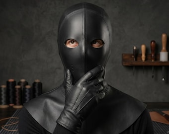 Handgefertigte Schwarze Leder Vollgesichtsmaske Schnür Haube Gothic Cosplay Balaclava