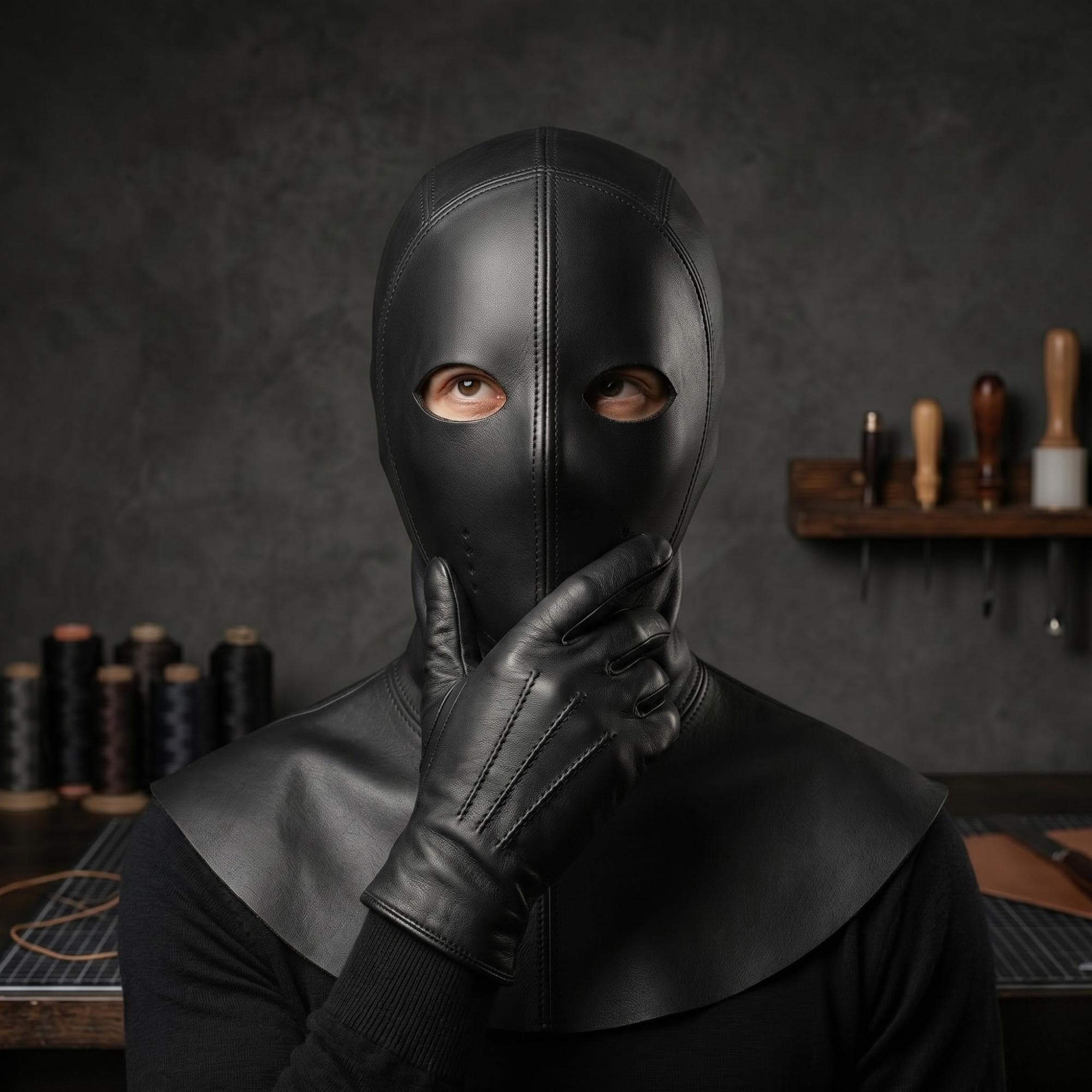 Handmade Black Leather Full Face Mask Lace Up Hood Gothic Cosplay Balaclava