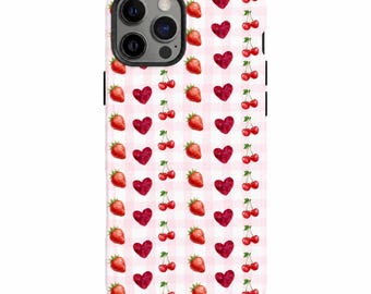ストロベリーチェリーハート柄iPhoneケース（iPhone 13-16対応）、ピンクギンガムチェック柄（デジタルダウンロード）