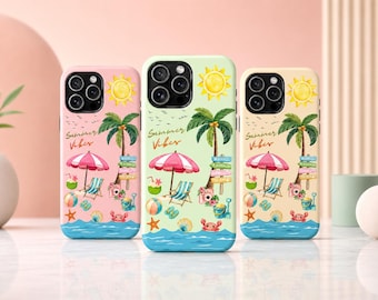 Summer Vibes Pastel Phone Case Design – Beach, Palm Tree & Sun Illustration, Digital Download