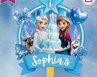 Bewerkbaar voor elke leeftijd Frozen verjaardagstaarttopper, Frozen Elsa & Anna-thema, decor meisjesverjaardagsfeestje, digitale download, Instant Download
