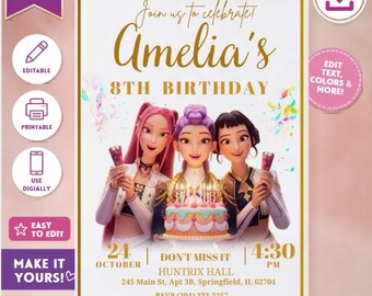 K-POPデーモンハンターズ誕生日招待状 – 編集可能なCanvaテンプレート（デジタルダウンロード）