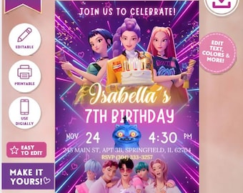 K-POP デーモンハンター誕生日招待状 - Huntrix、Saja Boys（Canvaテンプレート、デジタルダウンロード）