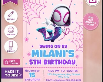 スパイダーガール誕生日招待状：ピンクのスーパーヒーローパーティー、編集可能なテンプレート（デジタルダウンロード）