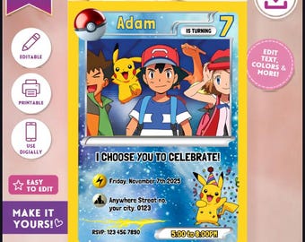 Pikachu Birthday Canva Invitation Template | Pokemon invite | Editable Poke Card | Digital Invitation