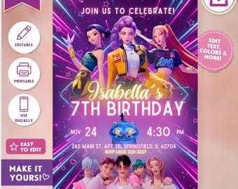 K-POP デーモンハンター誕生日招待状 - Huntrix、Saja Boys（Canvaテンプレート、デジタルダウンロード）