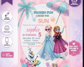 アナと雪の女王 夏の誕生日招待状、エルサ、アナ、オラフのプールパーティーテンプレート（デジタルダウンロード）