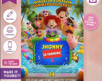 Zaproszenie na imprezę przy basenie „Toy Story”, edytowalny szablon Canva, letnie zaproszenie urodzinowe dla dzieci 5x7, wersja cyfrowa