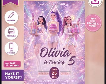 K-POP「デーモンハンターズ」バースデー招待状、編集可能なCanvaテンプレート、ネオンアニメスタイル（デジタルダウンロード）