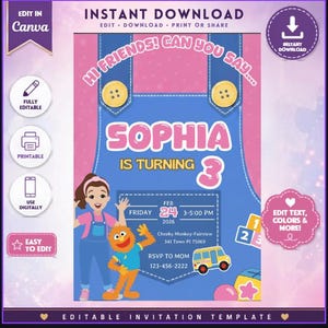 May include: A digital birthday invitation template featuring a blue overall design with yellow buttons. The text reads: HI FRIENDS! CAN YOU SAY... SOPHIA IS TURNING 3. Includes event details for Feb 24, 2026, at 3-5:00 PM, with a cartoon character and school bus graphic.