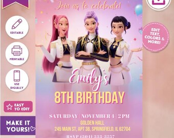 K-POPデーモンハンターズ誕生日招待状 – 編集可能なCanvaテンプレート（ゴールド、ホワイト、ブラック）