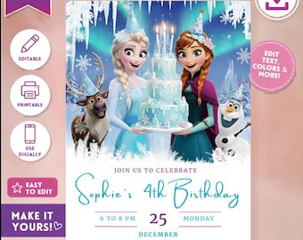 Zaproszenie urodzinowe Frozen Edytowalne zaproszenie na przyjęcie urodzinowe Frozen Elsa i Anna Zaproszenie na przyjęcie urodzinowe dla dziewczynki Frozen Motyw, cyfrowe pobranie