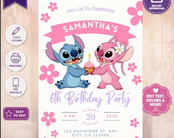 Stitch and Angel Birthday Invitation, Editable Lilo and Stitch Invite, Customizable Hawaiian Party Invite, Kids Birthday Canva Template