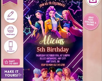 KPOP デーモンハンター誕生日招待状、編集可能なCanvaテンプレート（デジタルダウンロード）