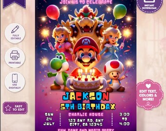 Zaproszenie urodzinowe Mario Galaxy, zaproszenie na imprezę w kosmosie, karta na imprezę gamingową dla chłopców, edytowalny szablon Canva (5 x 7 cali), natychmiastowe pobranie