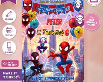 Edytowalne zaproszenie urodzinowe Spidey'ego dla każdego wieku, zaproszenie urodzinowe Superbohatera, zaproszenie na przyjęcie urodzinowe Spidey'ego i jego niesamowitych przyjaciół, szablon Canva