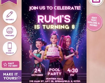 K-POPデーモンハンター誕生日招待状 - Huntrix、編集可能なCanvaテンプレート（デジタルダウンロード）