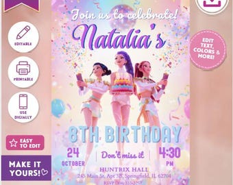 K-POP「デーモンハンターズ」誕生日招待状：ハントリックス・ゴールデンパーティー、編集可能なCanvaテンプレート（デジタルダウンロード）