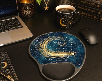 Alfombrilla de ratón CELESTIAL con reposamuñecas, diseño de estrella fugaz, flores cósmicas y decoración de escritorio y oficina.
