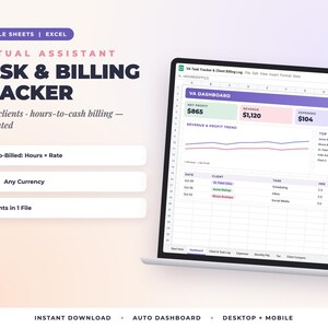 May include: A digital Virtual Assistant Task & Billing Tracker spreadsheet for Google Sheets and Excel displayed on a laptop screen. The interface features a dashboard with revenue, profit, and expense metrics, client task logs, and automated billing calculations.