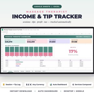 May include: A digital spreadsheet template for Google Sheets and Excel titled Massage Therapist Income & Tip Tracker. The dashboard displays financial metrics including net profit, session revenue, tips, tax, and a bar chart for expenses.
