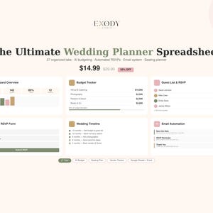 May include: A digital wedding planner spreadsheet with a light beige background. The spreadsheet includes sections for budgeting, guest lists, timelines, and RSVP forms. Text on the image reads "The Ultimate Wedding Planner Spreadsheet".