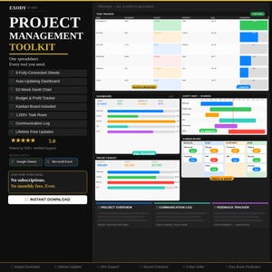 Op de afbeelding: Een donkergekleurde projectmanagement toolkit grafiek met de titel "PROJECT MANAGEMENT TOOLKIT". Het bevat een taaktracker, dashboard, Gantt-diagram, Kanban board en projectbudget. Compatibel met Google Sheets en Microsoft Excel.