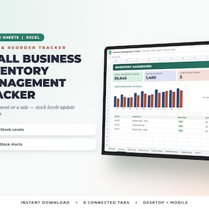 Könnte beinhalten: Ein digitaler Bestands- und Nachbestellungs-Tracker für kleine Unternehmen in Google Sheets und Excel. Der Bildschirm zeigt ein Inventar-Dashboard mit Diagrammen, Lagerbeständen und Warnmeldungen. Text: "Stock & Reorder Tracker".
