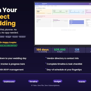 May include: A digital wedding planner interface with a purple and white color scheme. The interface displays a dashboard, timeline, budget, and guest list features. Text includes "Plan Your Perfect Wedding" and "5.0 Stars | 1000+ Happy Couples."