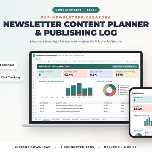 May include: A digital newsletter content planner and publishing log for Google Sheets and Excel. The interface displays a dashboard with metrics like open rates, click rates, and sponsorship revenue, alongside a content calendar and tracking tools.