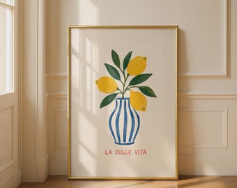 La Dolce Vita Zitronenblüten-Kunstdruck, italienisches Wandposter, niedliche Vase als Küchendekoration, illustriertes Pflanzenposter