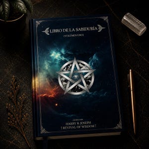 Peut inclure: Un livre à couverture rigide intitulé "LIBRO DE LA SABIDURÍA (VOLUMEN UNO)" avec une couverture bleu foncé ornée d'un pentagramme argenté. La couverture du livre présente un fond céleste avec des nuages et une bordure argentée. Un stylo doré et une petite pierre sont à côté du livre.