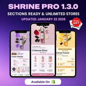 Peut inclure: Trois smartphones affichent des listes de produits de parfum. Les écrans présentent les parfums Luna Smoke, Crimson Rose et Citron Venom. Chaque liste comprend les détails du produit, les prix et la possibilité d'ajouter au panier. Le texte "SHRINE PRO 1.3.0" est en haut.
