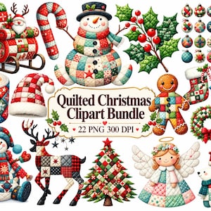 Peut inclure: Une collection numérique d'illustrations de Noël matelassées comprenant un traîneau, un bonhomme de neige, un sucre d'orge, du houx, des boules, une bougie, une chaussette, un bonhomme en pain d'épice, un flocon, une couronne, un renne, un sapin, un ange et un ours polaire avec le texte Quilted Christmas Clipart Bundle 22 PNG 300 DPI.