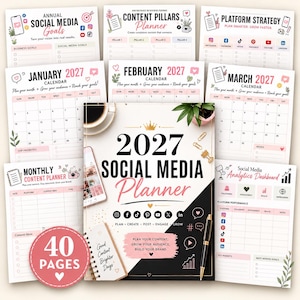 May include: A 40-page 2027 Social Media Planner featuring a cover with a gold crown, black and white diagonal sections, and social media icons. The set includes various planning sheets for annual goals, content pillars, platform strategy, monthly calendars, and analytics.