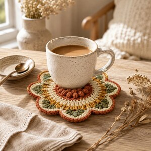 May include: A speckled off-white ceramic mug sits on a round, multi-colored crochet coaster. The coaster features a floral design with concentric rings of rust orange, mustard yellow, and sage green yarn, finished with a textured bobble center.