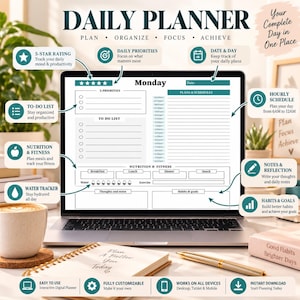 Puede incluir: Un planificador diario digital en la pantalla de una computadora portátil con secciones para prioridades, lista de tareas, horario de 6 a.m. a 12 a.m., seguimiento de nutrición y ejercicio, registro de agua, notas, hábitos y objetivos.