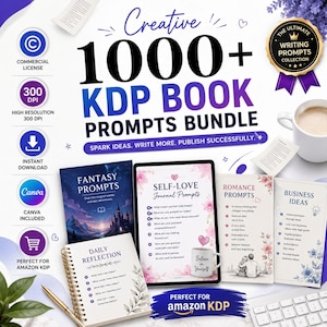 May include: A digital product bundle titled 1000+ KDP Book Prompts Bundle featuring various writing prompt categories including fantasy, self-love, romance, and business ideas. The display includes a tablet, spiral notebook, and icons.