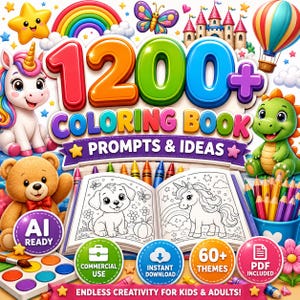 Coloring Book Prompts Ideas | AI Coloring Page Prompt Bundle | ChatGPT, Midjourney, Flux, KDP & Etsy Commercial Use