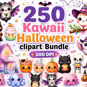 Kawaii Halloween Clipart Bundle, Cute Ghost PNG, Pumpkin, Bat, Spider & Gnome Clip Art, Printable Clip Art, Instant Download
